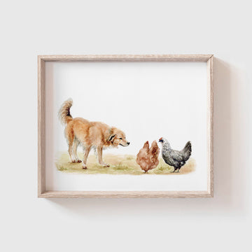 Dog and Chickens Art Print